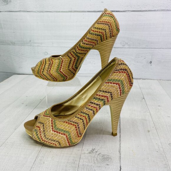 Henry Ferrera GOOD GIRL Beige Chevon Stripe Open Toe Slip On High Heels Size 7 - Picture 5 of 12